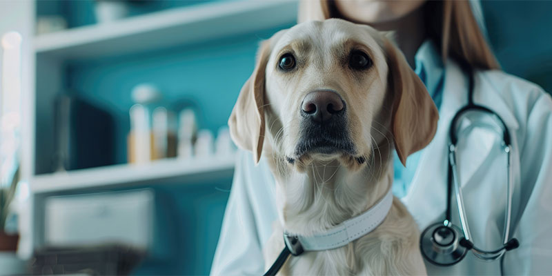 Labrador in the hands of a trusted veterinarian