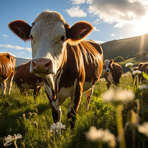 Cows in a grassy field with flowers